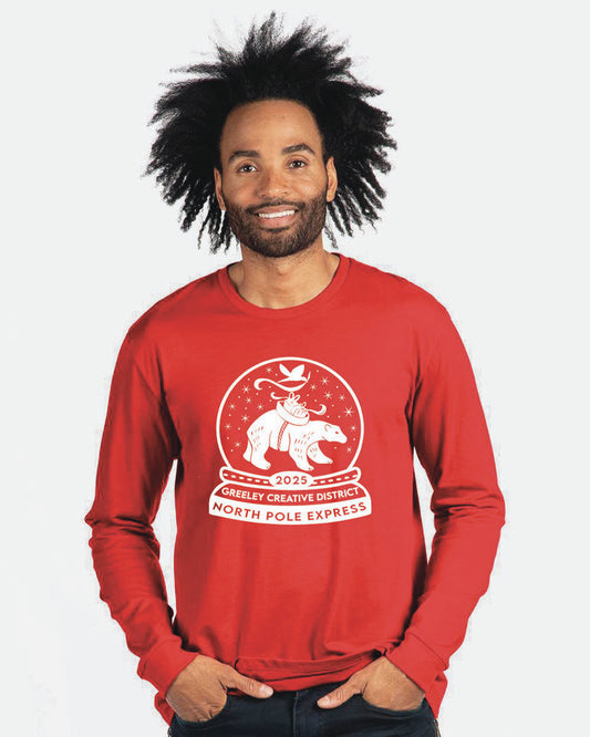 Man wearing a red long-sleeve shirt with a graphic design on a white background