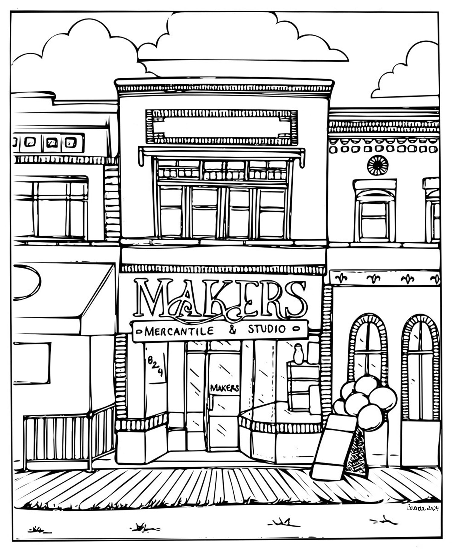 Black and white artists rendition of Makers Mercantile & Studio in Downtown Greeley