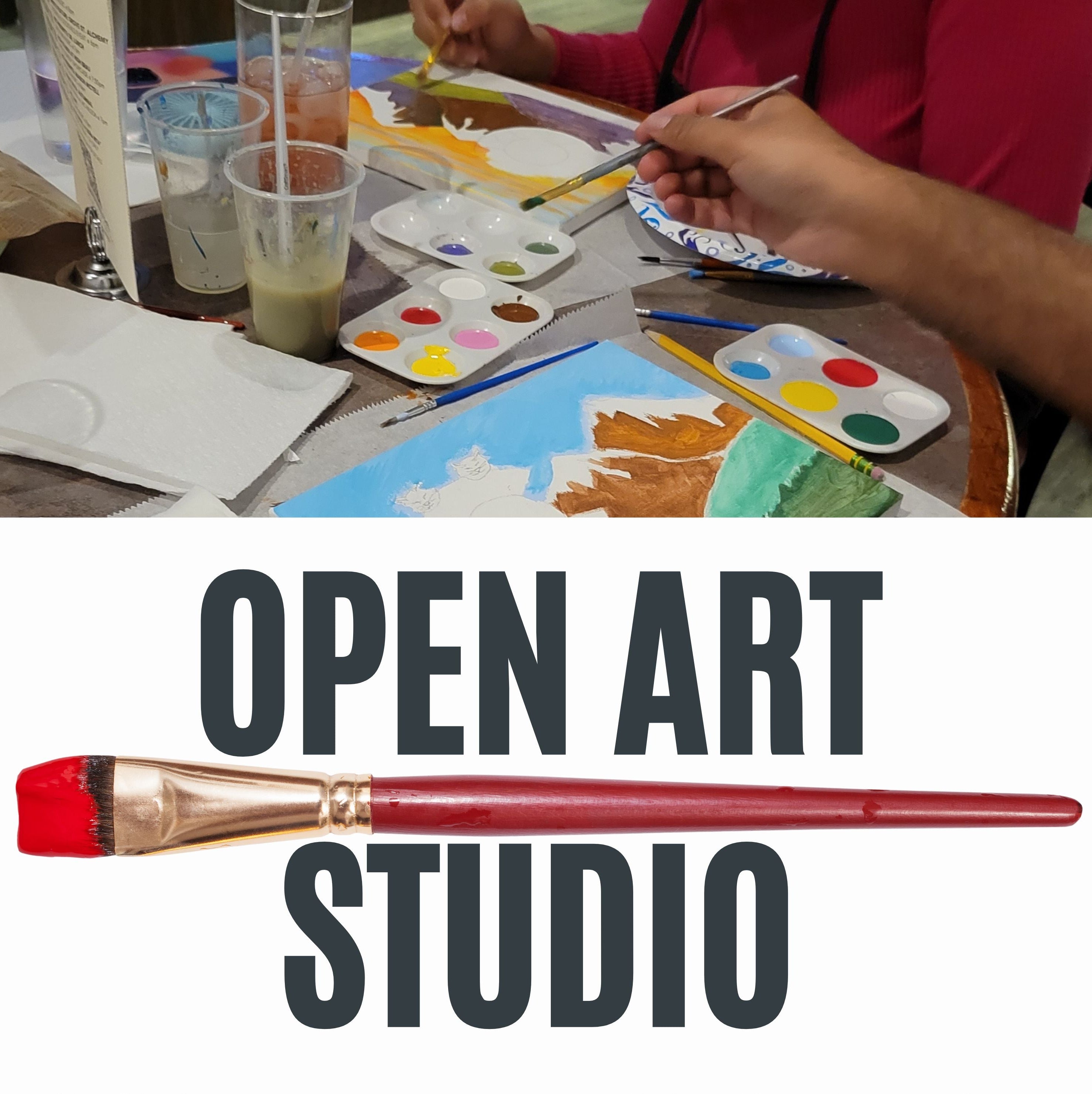 People painting at a table with art supplies and 'Open Art Studio' text overlay.