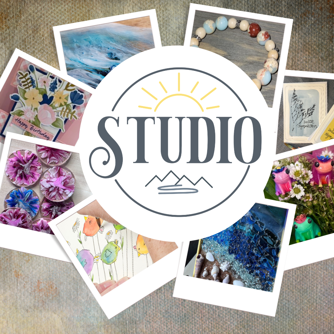 Collage of various handmade art class projects with Makers Mercantile & Studio’s 'Studio' logo in the center 